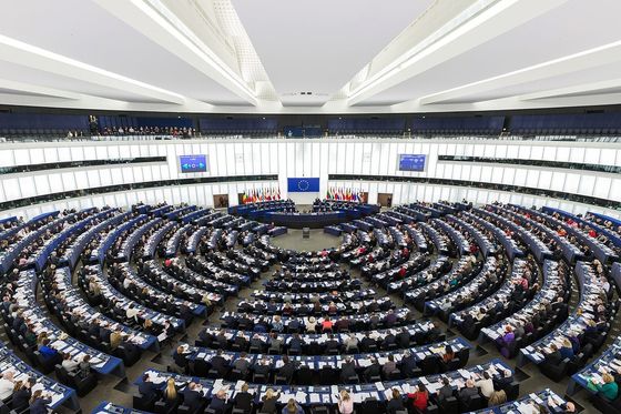 The European Parliament plenary chamber in Strasbourg with semicircular rows of seats