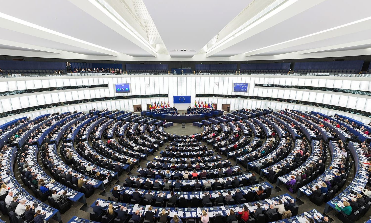 The European Parliament plenary chamber in Strasbourg with semicircular rows of seats
