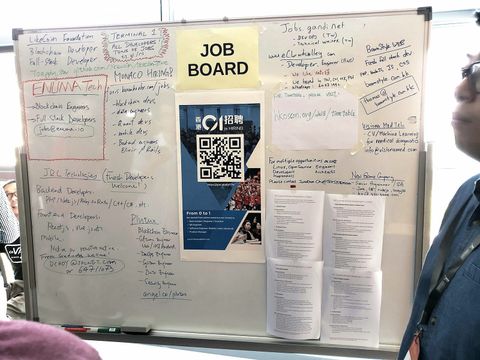 Whiteboard covered in handwritten and printed job ads beneath a “Job Board” sign